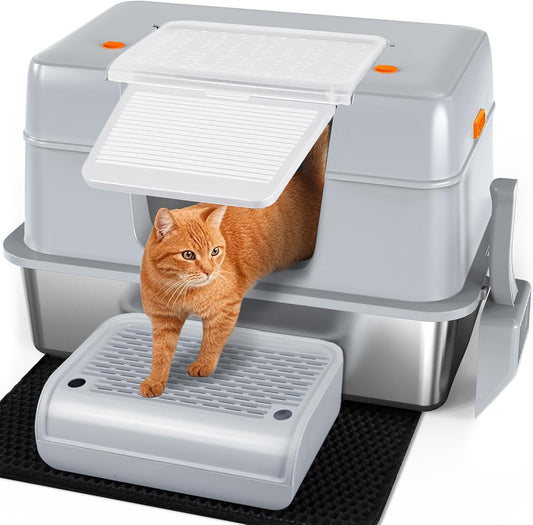 Vivifying Stainless Steel Litter Box with Lid, XL Side Entry Extra Large Litter Box for Big Cats &