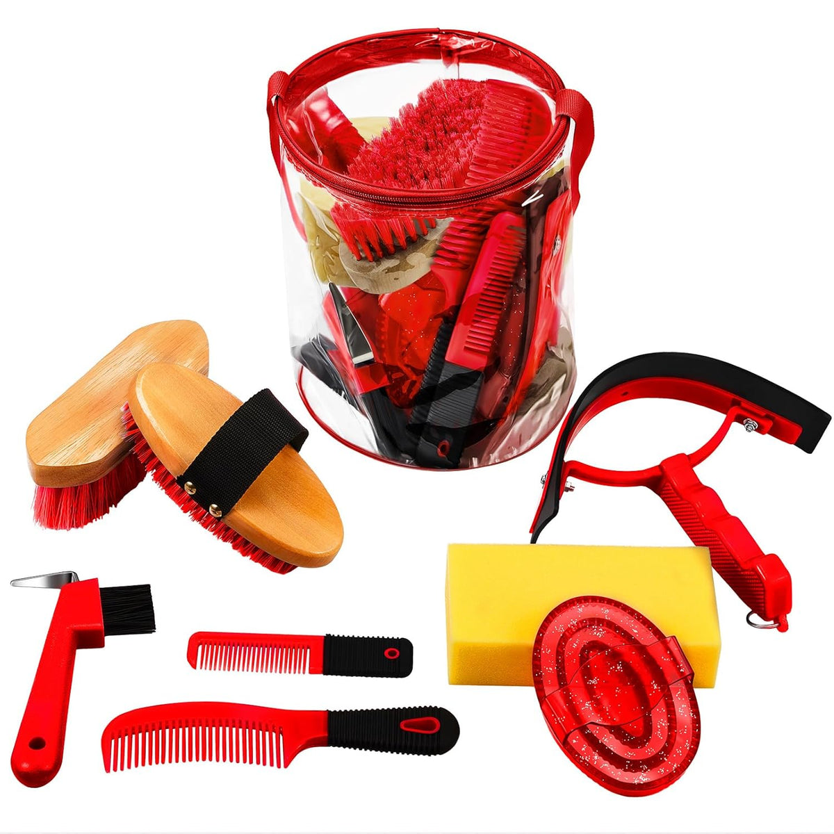 9 Pieces Horse Grooming Kit Tack Room Supplies Set with Organizer Tote Bag, Oval Massage Curry