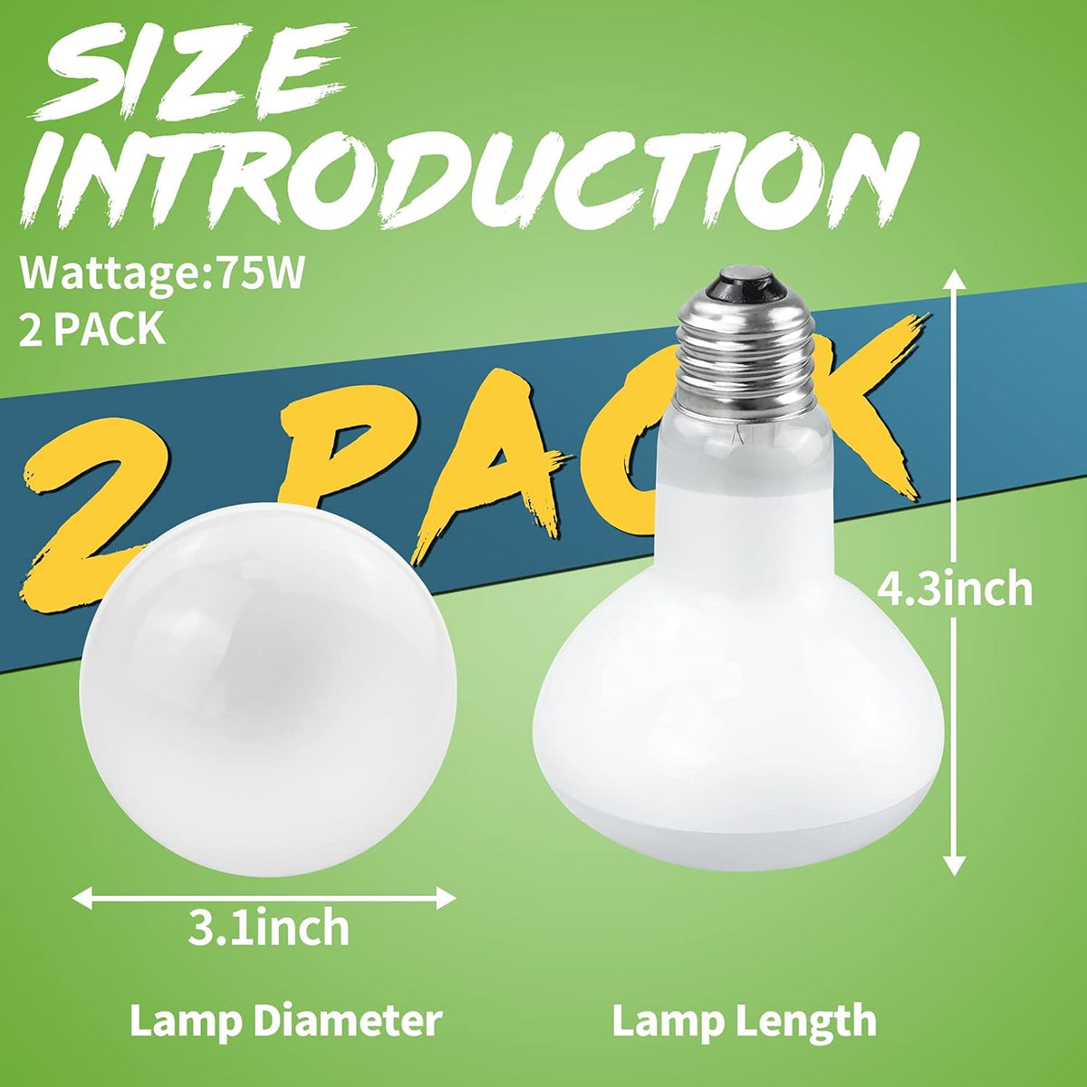 LUCKY HERP 2 Pack Reptile Heat Lamp Bulbs 75W (2nd Gen), Basking Light Bulb for Reptiles &