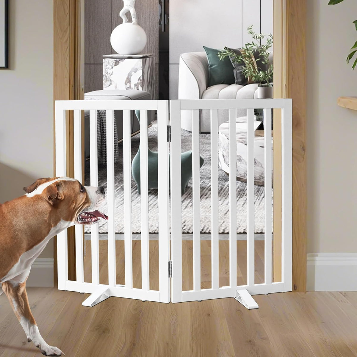 ZJSF Freestanding Indoor Dog Gate for House Foldable Wood White Puppy Gate for Doorways Pet Gate
