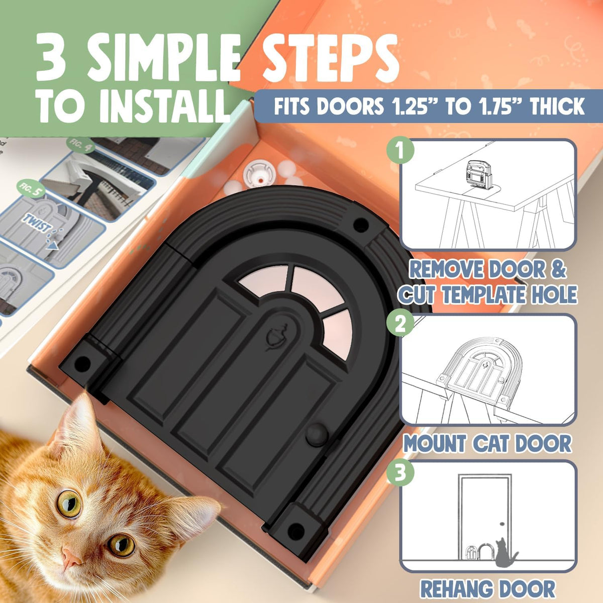 Meow Manor® Cat Door Interior Door - No-Flap, Interior Cat Door for Cats Up to 20 lbs, Easy DIY