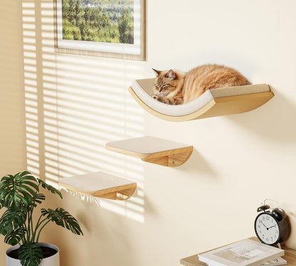 Wood Cat Wall Shelf with Soft Foam Cushion, Curved Cats Wall Bed for Large Cats, Floating Cat Perch