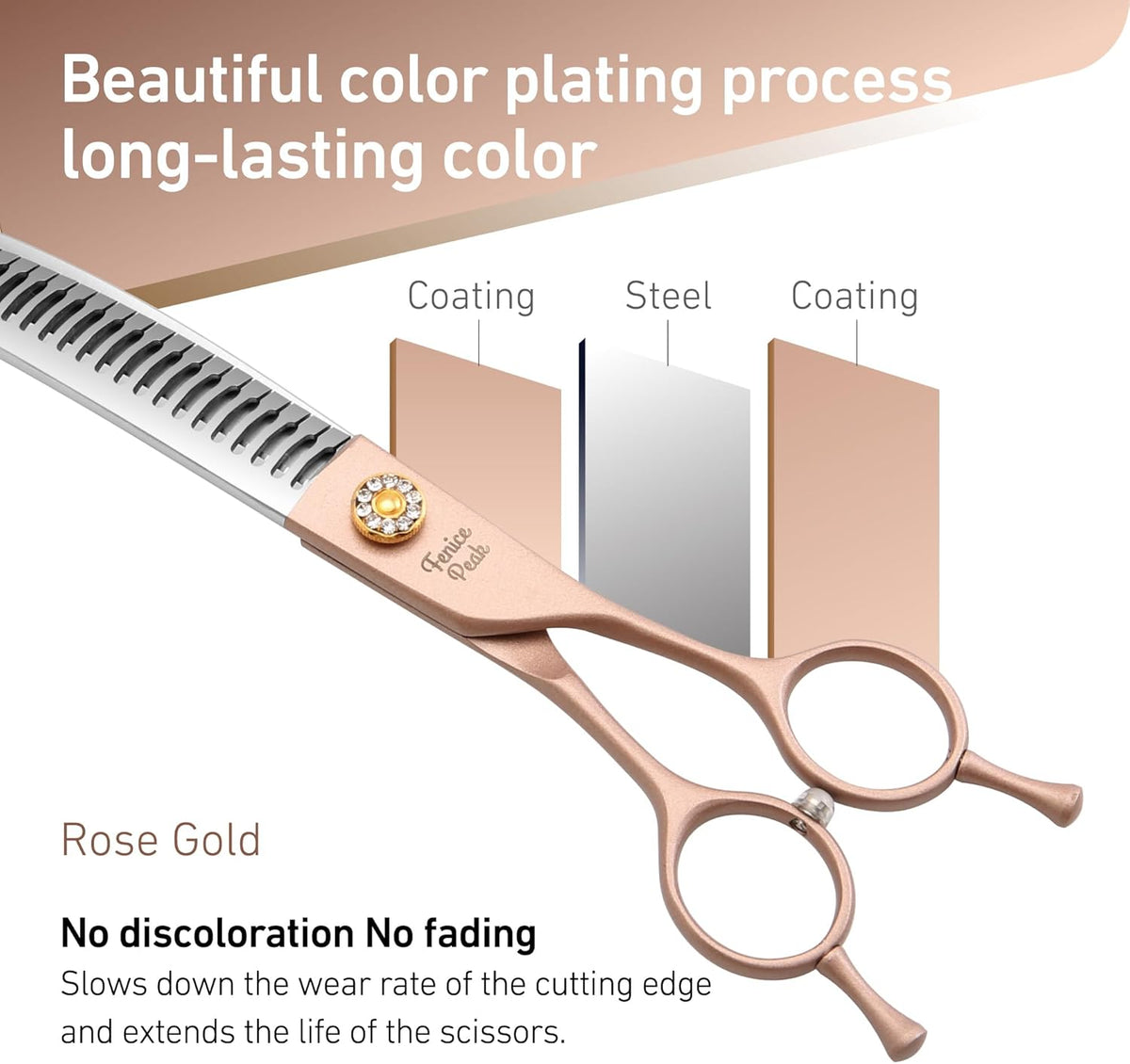 Fenice Peak Professional Curved Chunker Dog Grooming Scissors 7.0'' Rose Gold Thinning Shears