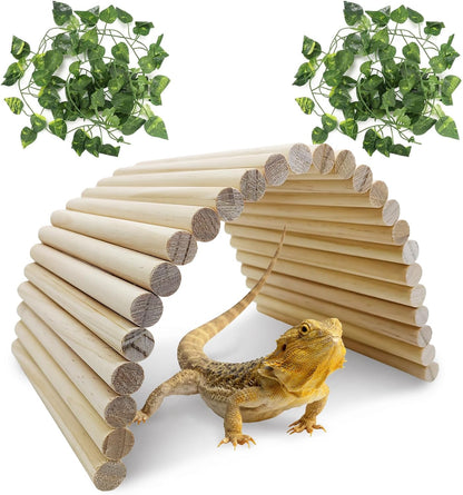 Hamiledyi 15.66 x 7.8 Inches Wooden Reptile Hideout Bearded Dragon Bendy Bridge Climbing Ladder