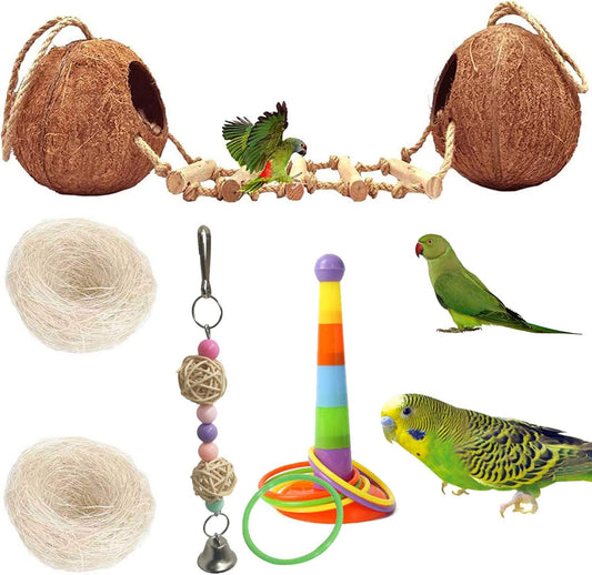 kathson 5PCS Bird Hides Coconut Nest with Ladder Perches Hanging Parrot House Cage Natural Coconut