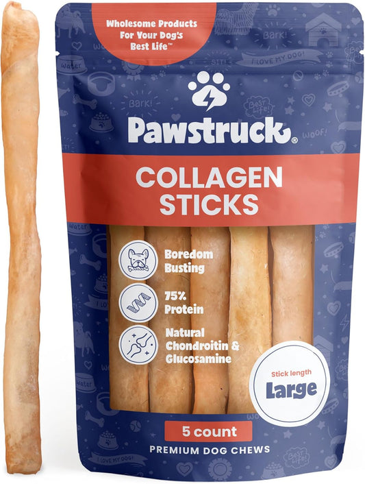 Pawstruck Natural Large 12" Beef Collagen Sticks for Dogs – Long-Lasting Rawhide Alternative, High