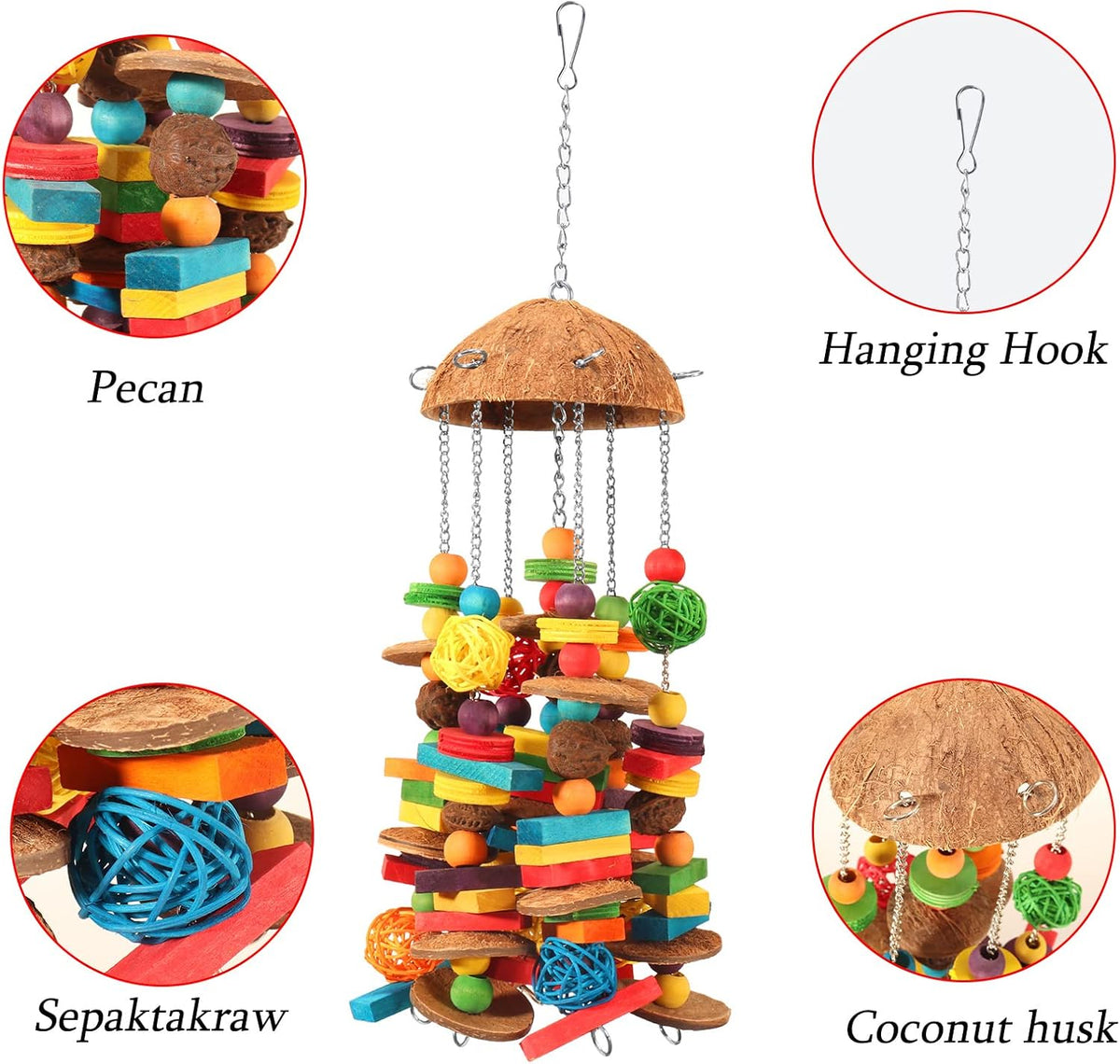 Bird Parrot Toys Natural Large Parrot Blocks Toy Colorful Bird Chewing Toys with Bells for Macaw