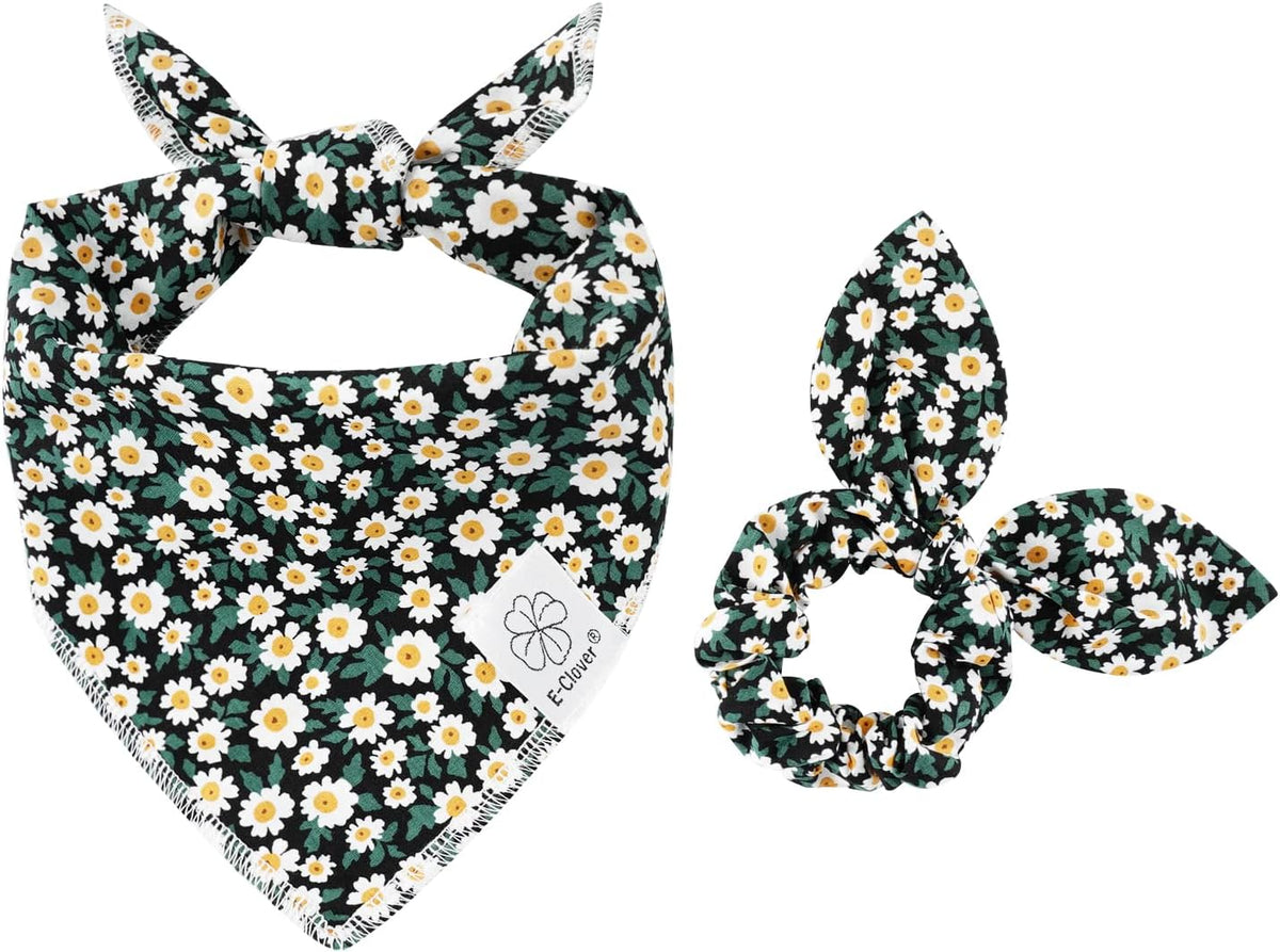 E-Clover Dog Bandanas & Matching Scrunchie Set Girl Dog Scarf Bibs with Bow Scrunchie for Medium