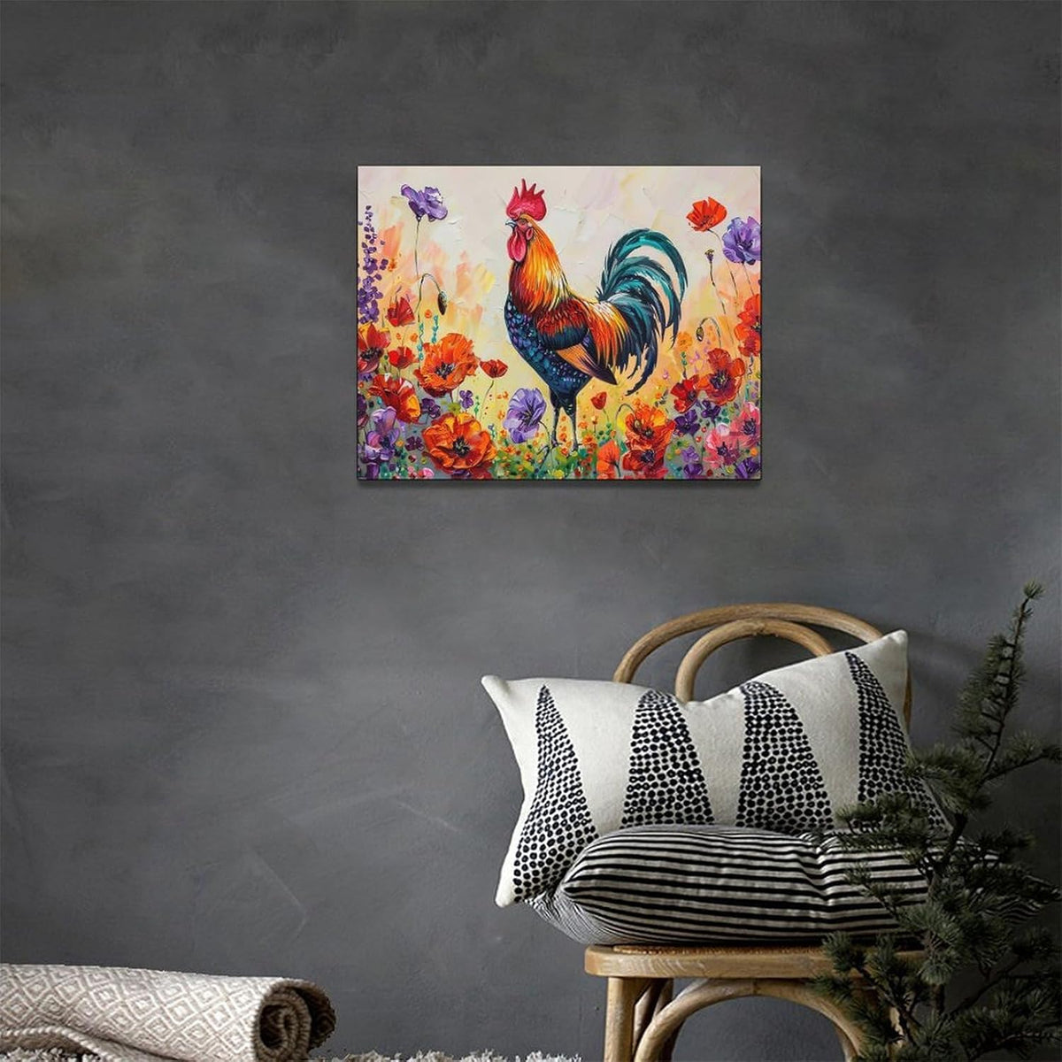 Rooster Wall Art Flower Poppy Canvas Living Room Pictures Framed Prints Colorful Floral Large Wall