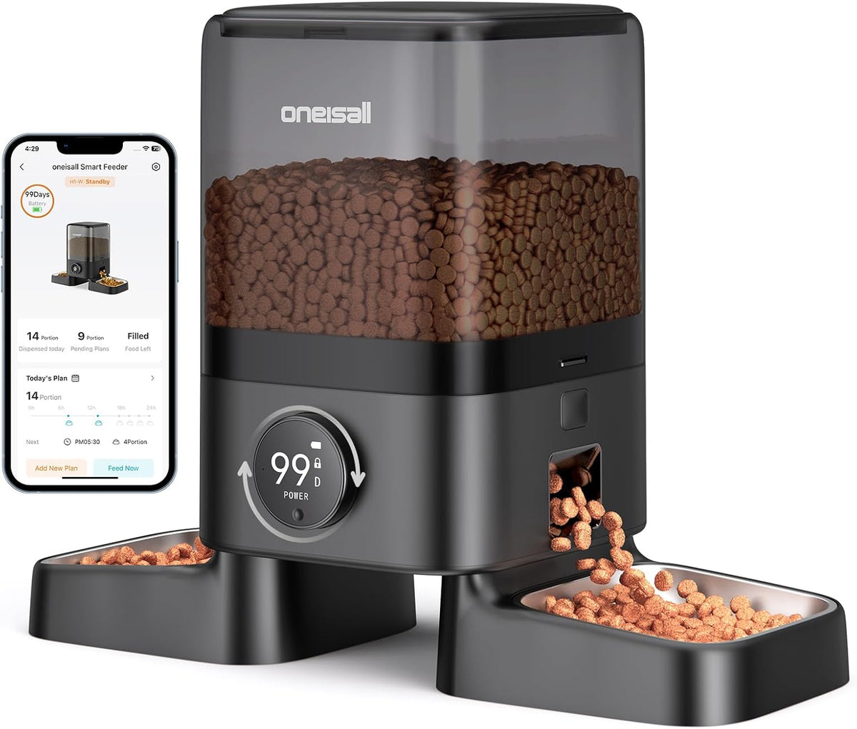 oneisall Wireless WiFi Automatic Cat Feeders 2 Cat, Rechargeable 100-Day Battery Operated Timed