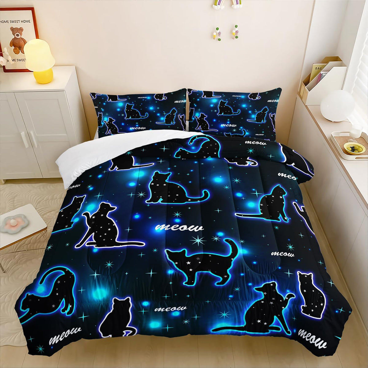 Kawaii Pet Cat Comforter 3Pcs Twin Gradient Line Cute Kitten Animal Bedding Set for Kids Teens