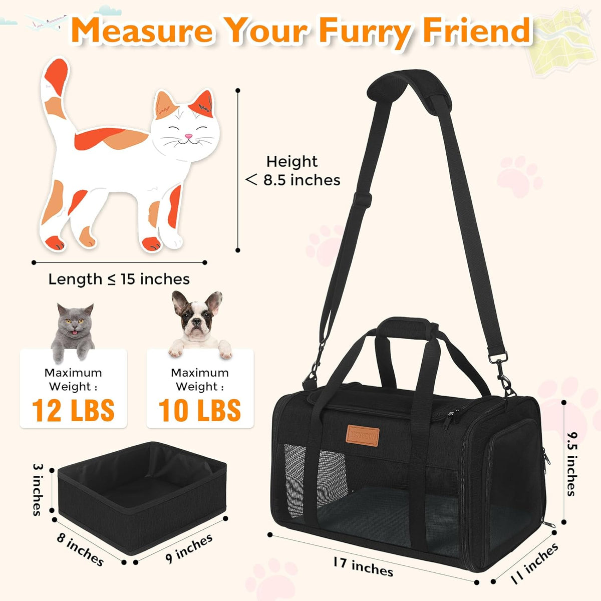 PETUX TSA Approved Pet Carrier in Cabin, 17"x11"x9.5" Soft Cat Carriers for Small Cats up to 12 lb