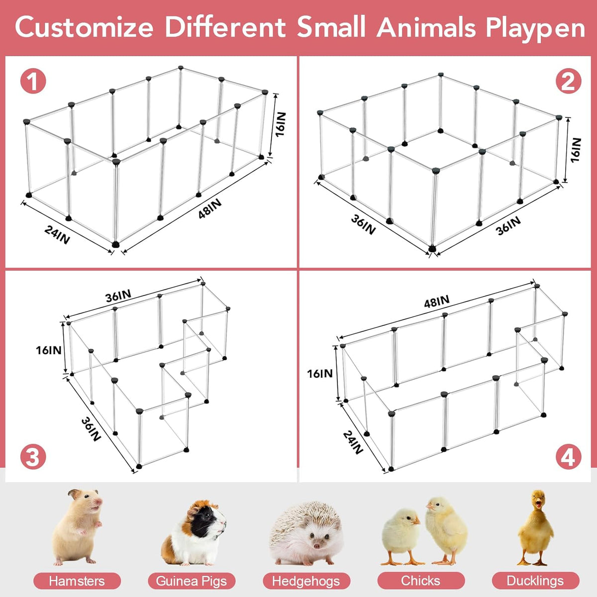 12 Panels Transparent Small Animals Playpen,48" x 24" x 16" Portable Pet Playpen,Plastic