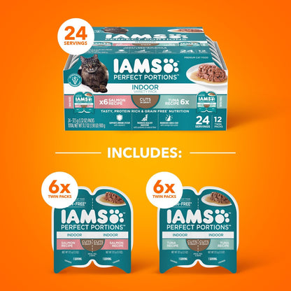 IAMS Perfect Portions Indoor Adult Wet Cat Food Cuts in Gravy Variety Pack, Salmon and Tuna
