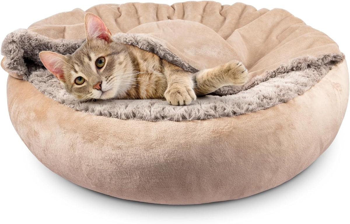 JOEJOY Small Dog Cat Bed With Hooded Blanket, Cozy Cuddler Luxury Puppy Pet Donut Round Calming