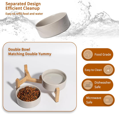 Elevated Ceramic Dog Bowl Set - Raised Feeding Bowls with Non-Slip Bamboo Stand - Small Pet Dishes
