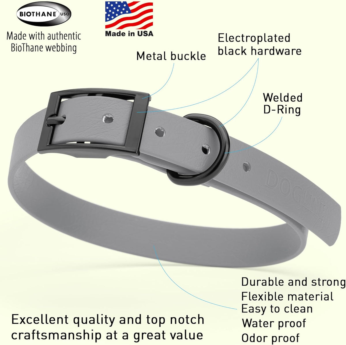 Dogline Biothane Waterproof Dog Collar Strong Coated Nylon Webbing with Black Hardware Odor- Proof
