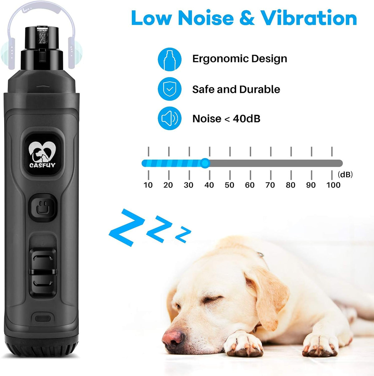 Casfuy Dog Nail Grinder with 2 LED Light - New Version 2-Speed Powerful Electric Pet Nail Trimmer