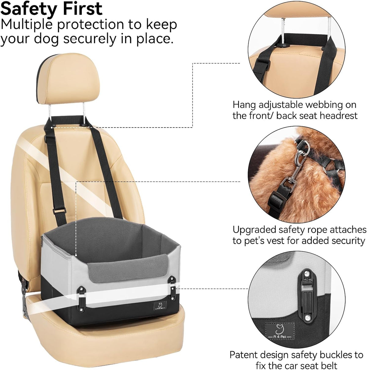 A4Pet Dog Car Seats for Small Dogs, Booster Car Seat with Patent Buckles & Clip-On Safety Leash