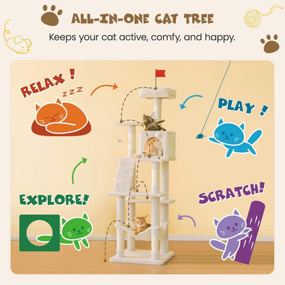 MWPO 63.8 inches Multi-Level Cat Tree for Large Cats with Sisal-Covered Scratching Posts, Padded