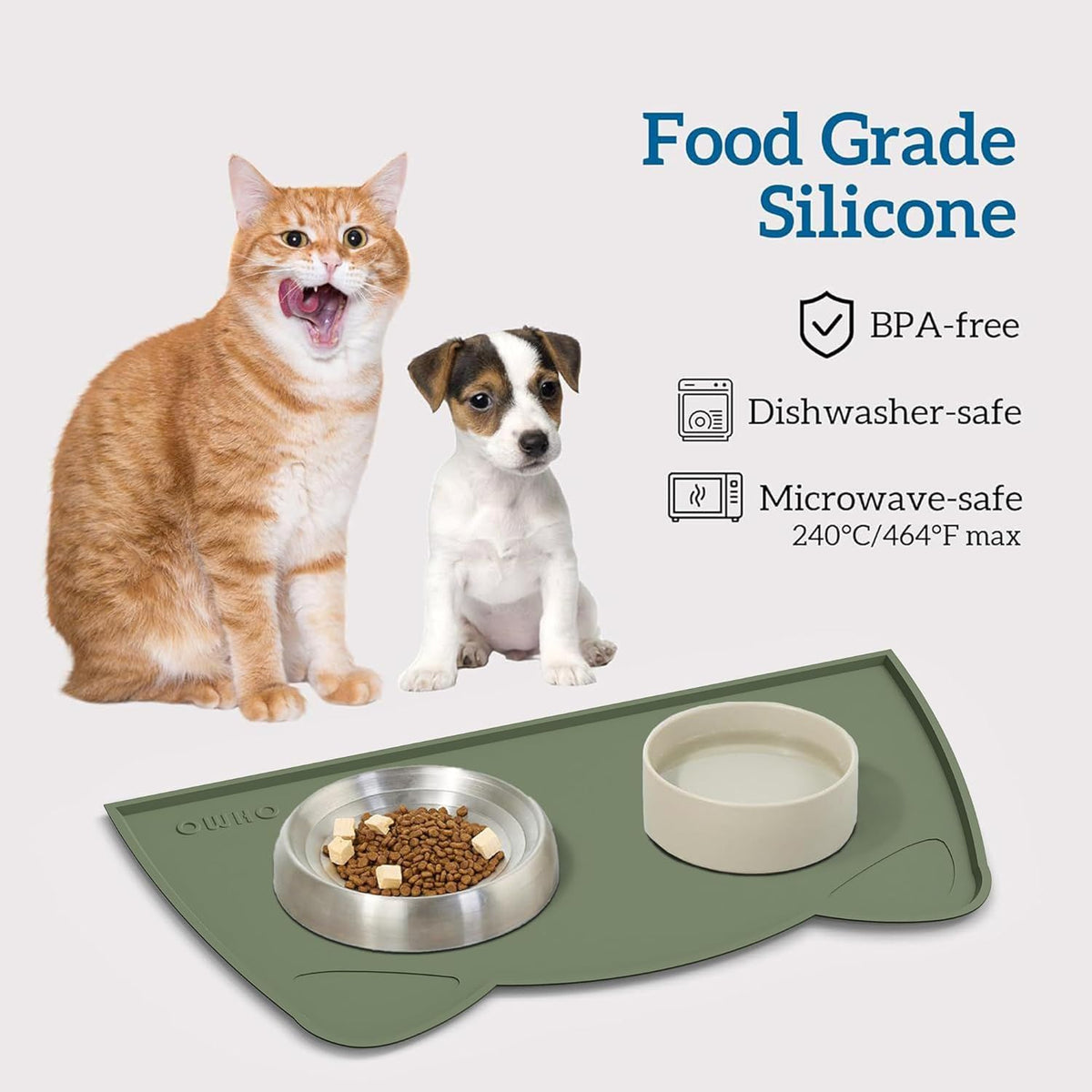 OHMO - Cat Food Mat, Silicone Pet Feeding Mat for Floor Non-Skid Waterproof Dog Water Bowl Tray
