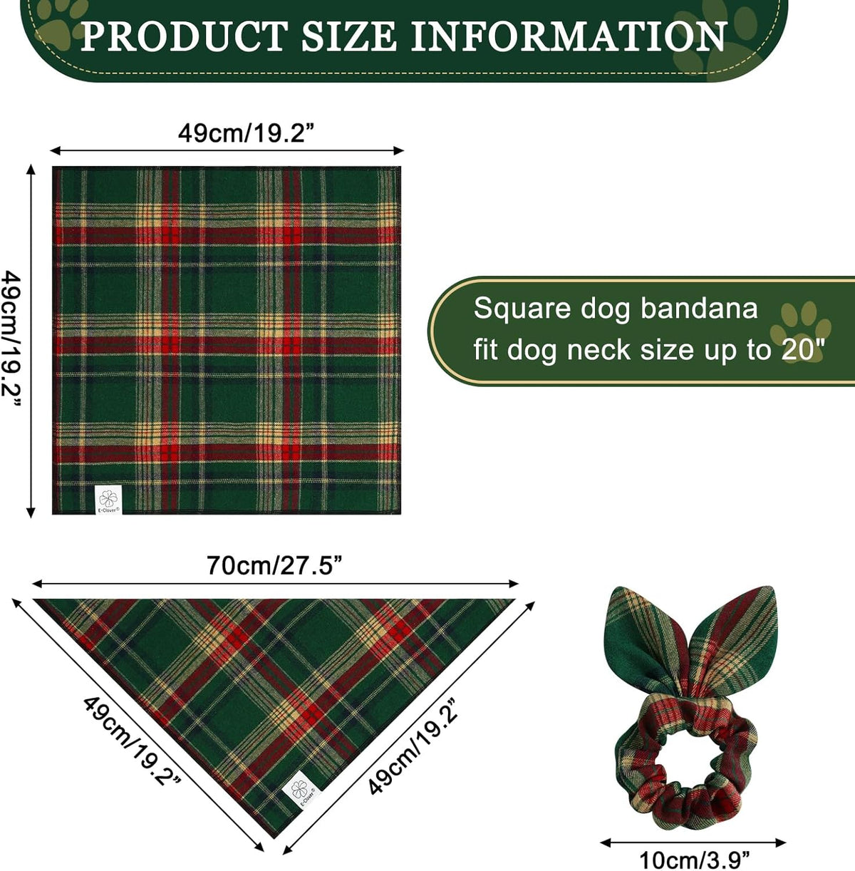 E-Clover Dog Bandana & Matching Scrunchie - Green Red Plaid Pet Scarf, Cute Costumes Accessories