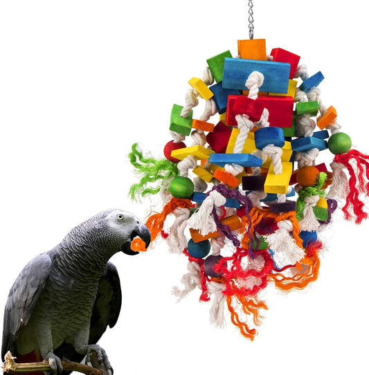 Large Parrot Toy - Multicolored Wooden Blocks Tearing Toys for Birds Suggested for African Grey