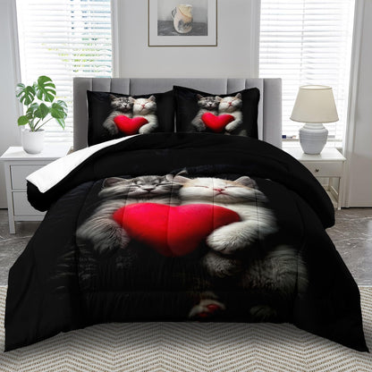 Cute Cat Comforter Set King,Kawaii Cat Bedding Set for Girls,Cute Animal Comforter Red Love Heart