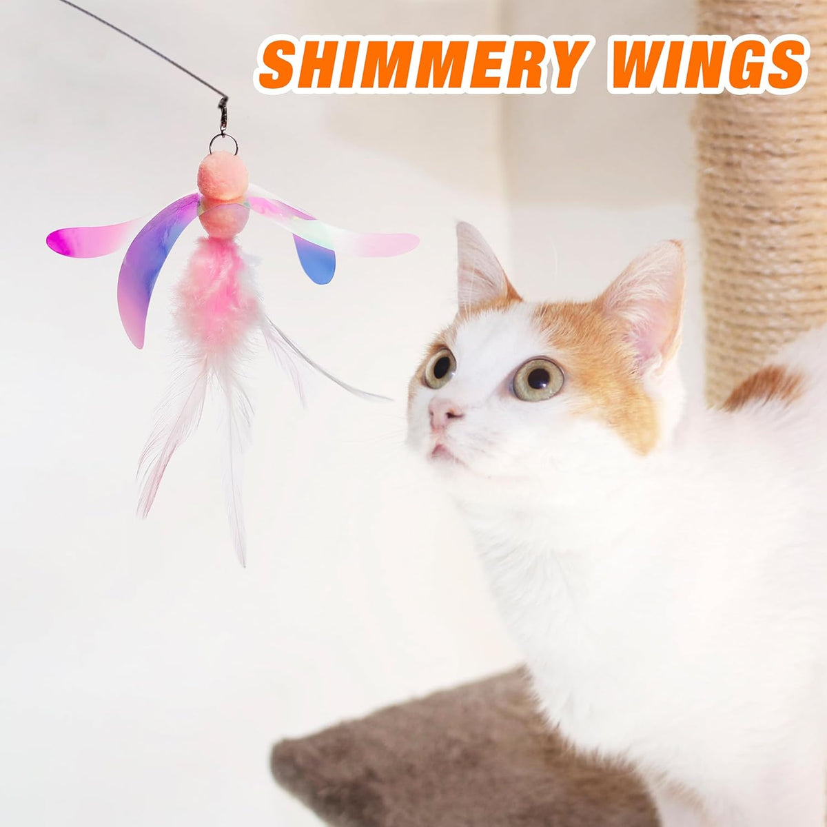 JXFUKAL Cat Feather Toy Refills, 4Pcs Simulation Butterfly Dragonfly Glitter Piece Feather Cat