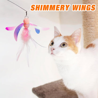 JXFUKAL Cat Feather Toy Refills, 4Pcs Simulation Butterfly Dragonfly Glitter Piece Feather Cat