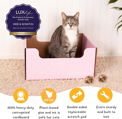 HIDE & SCRATCH Cat Scratcher Box and Cat Bed with Refillable Double-Sided Cardboard Scratch Pad for