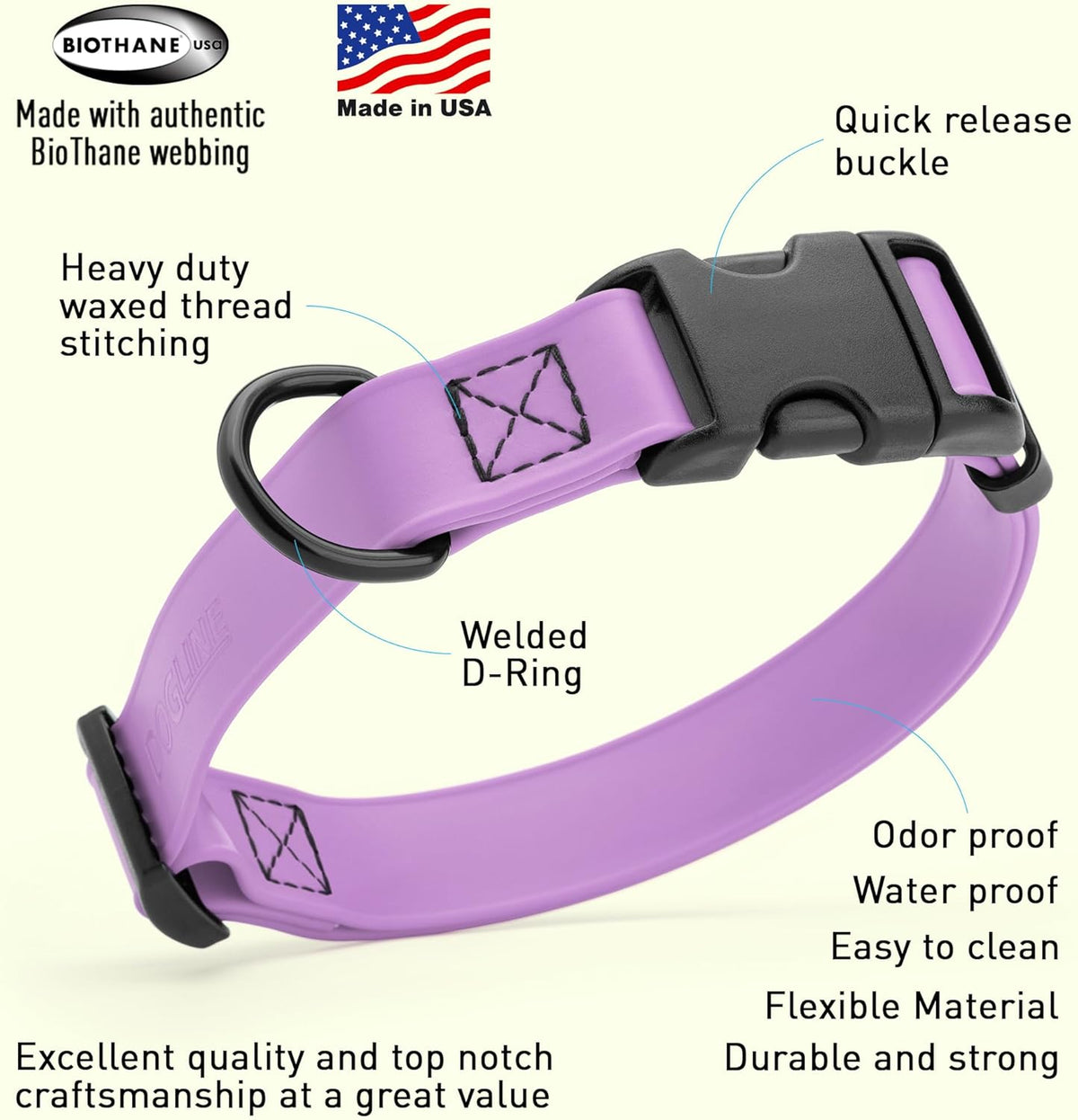 Dogline Biothane Waterproof Dog Collar with Quick Release Buckle Strong Coated Nylon Webbing with