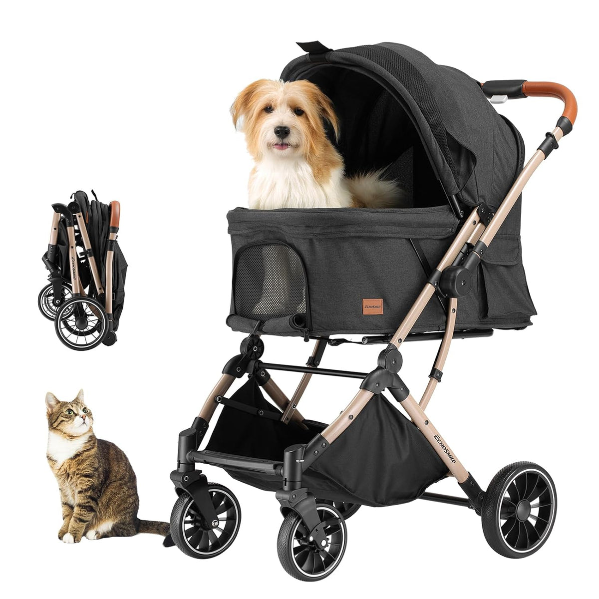 EchoSmile Small Medium Dogs Stroller 4-Wheel Pet Strollers for Medium Dogs Up to 50lbs, One Click