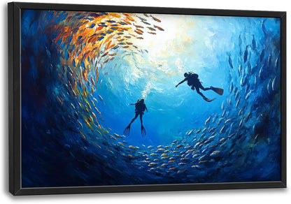 Large Ocean Diving Wall Art for Living Room, Framed Oversized Fish Wall Decor Underwater Marine