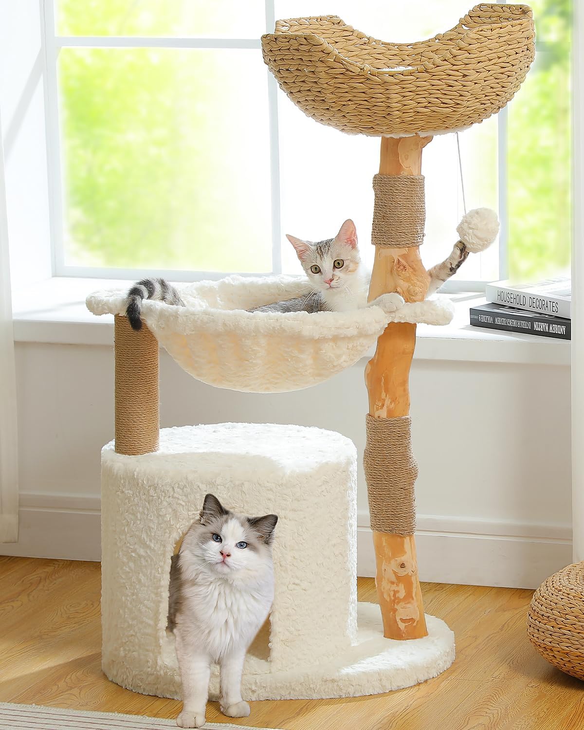 Modern Cat Tree for Large Cats, Wood Cat Tower for Indoor Cats, Real Branch Luxury Cat Furniture