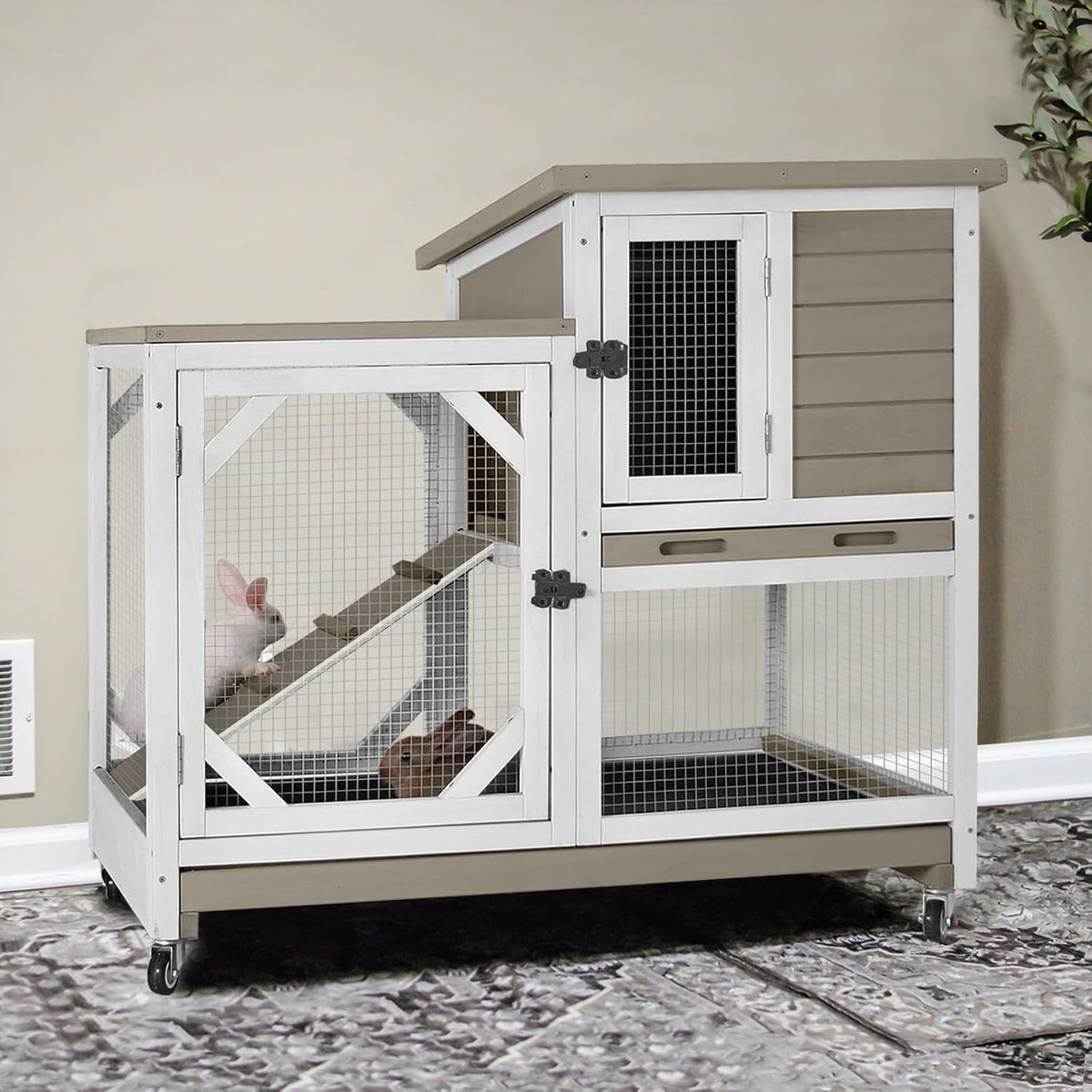 GUTINNEEN 2-Story Rabbit Hutch with Chew-Proof Ramp & Pull-Out Trays - Indoor/Outdoor 39.3" Wooden