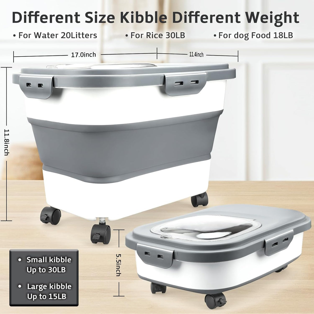 Rice Storage Containers, Collapsible 20 to 30Lbs Food Storage Bin Dispenser with Rolling Wheel and