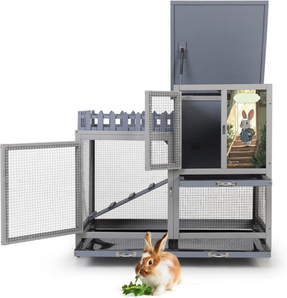 Wood Rabbit Hutch with Balcony - Small Animal House Bunny Cage on Wheels for Indoor Outdoor, Rabbit