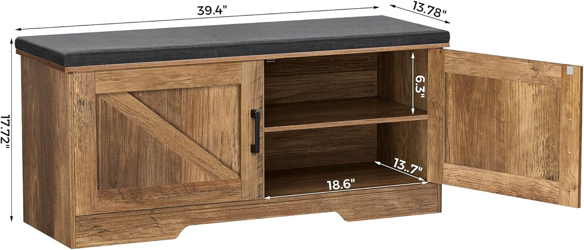 2-Tier Storage Bench, Shoe Bench with Padded Seat Cushion, Entryway Bench with 2 Barn Doors