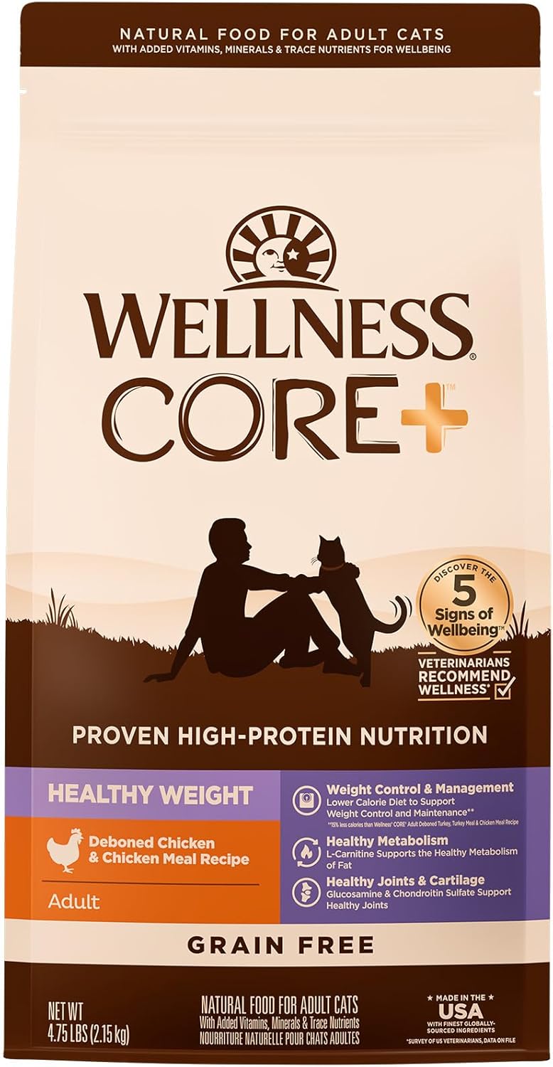 Wellness CORE+ Adult Dry Cat Food for Indoor & Outdoor Cats, Grain Free, Natural, Healthy Weight