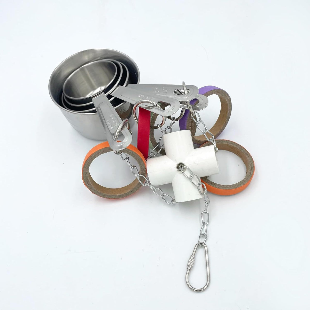Durable Bird Parrots Pots and Bagel Toys, Pullable Stainless Steel Cup and Cardboard Ring Toys for