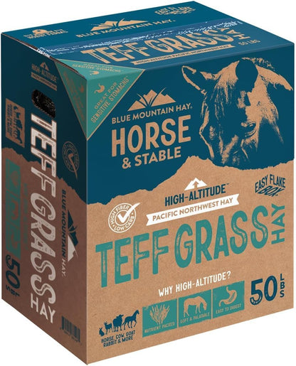 Blue Mountain Hay High-Altitude Teff Grass Hay, 50lb Easy Flake Box - Low NSC & High Fiber for Easy
