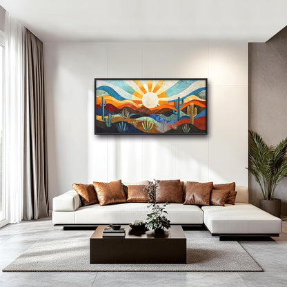 Extra Large Framed Abstract Boho Desert Wall Art, Sun Cactus Landscape Wall Decor Pictures for