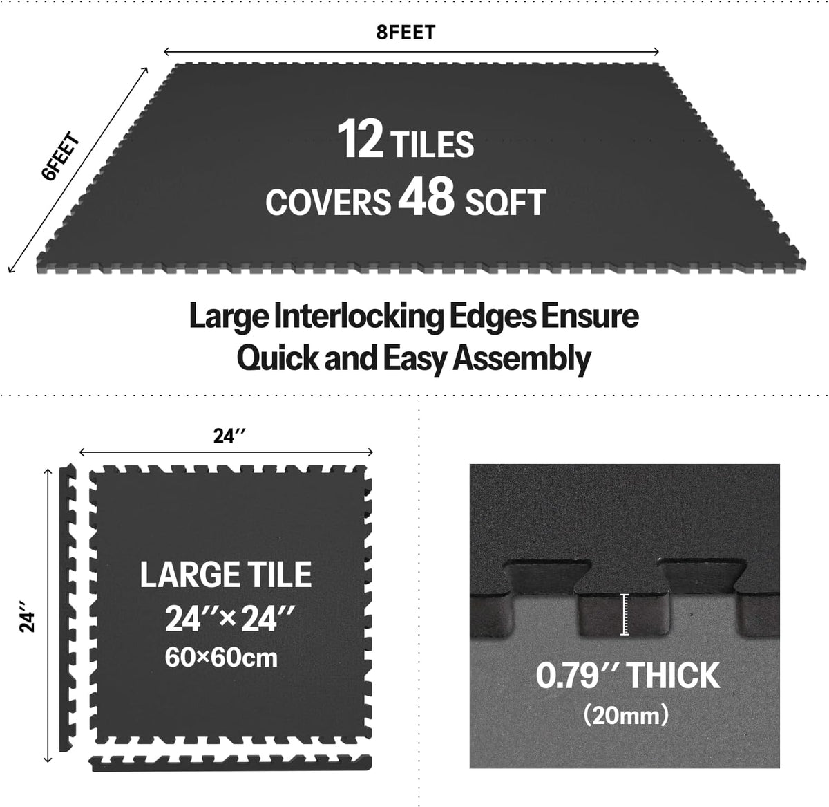 AIRHOP 0.79in Thick 48 Sq Ft Exercise Equipment Mats, 12 Tiles Upgraded Rubber Top with High