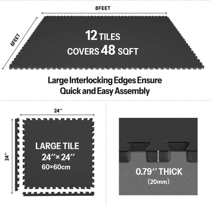 AIRHOP 0.79in Thick 48 Sq Ft Exercise Equipment Mats, 12 Tiles Upgraded Rubber Top with High
