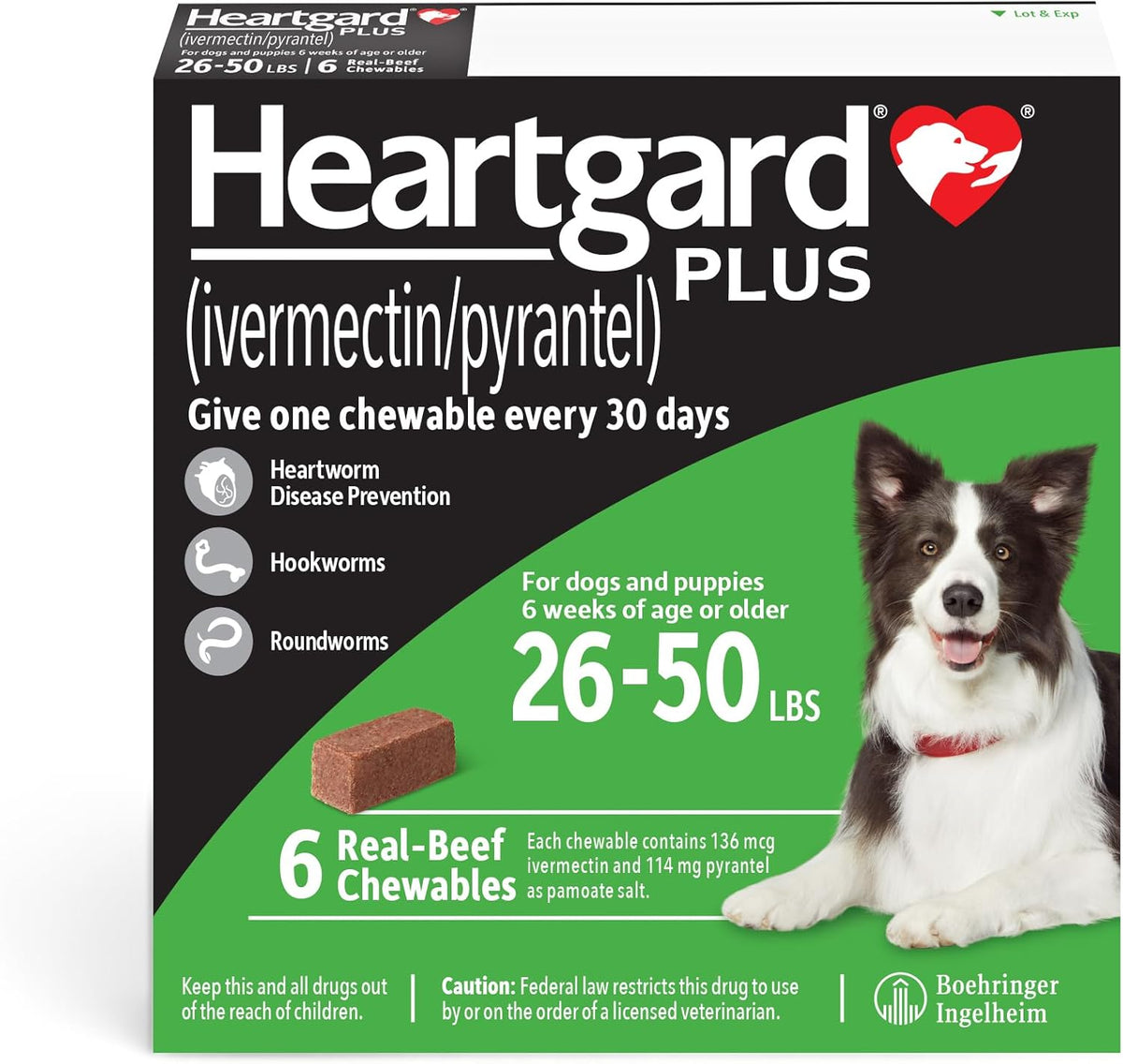 HEARTGARD® Plus (ivermectin/pyrantel) Real-Beef Chewables for Dogs 26-50 lbs (Green Box) 6 Month
