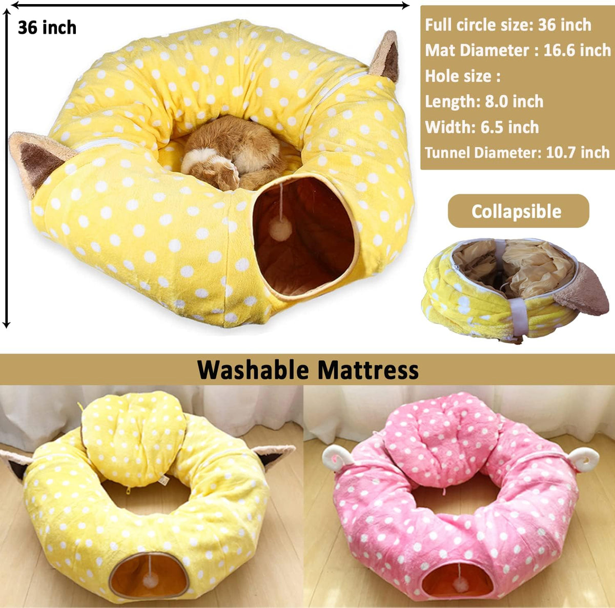 AUOON Cute Cat Donut Tunnel - Round Cat Tunnel Bed with Washable Cushion Interactive Cat Toy for