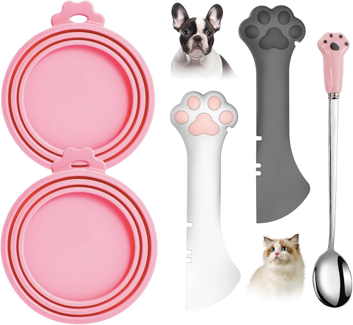 Comtim 5 PCS Pet Food Can Lids & Spoons Set - Silicone Dog Cat Covers With Multi-Function Spatula