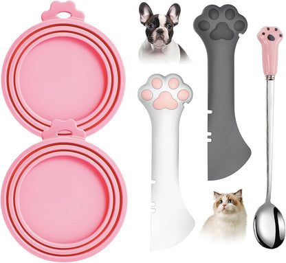 Comtim 5 PCS Pet Food Can Lids & Spoons Set - Silicone Dog Cat Covers With Multi-Function Spatula