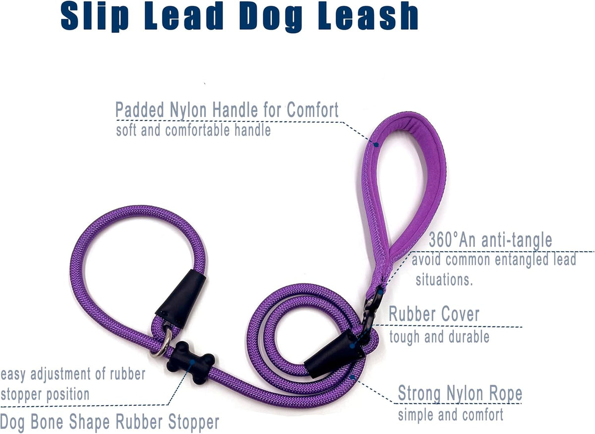 Slip Lead Dog Leash，Strong Nylon Rope Leash and Padded Handle,No Pull Outdoor Walking Training Lead